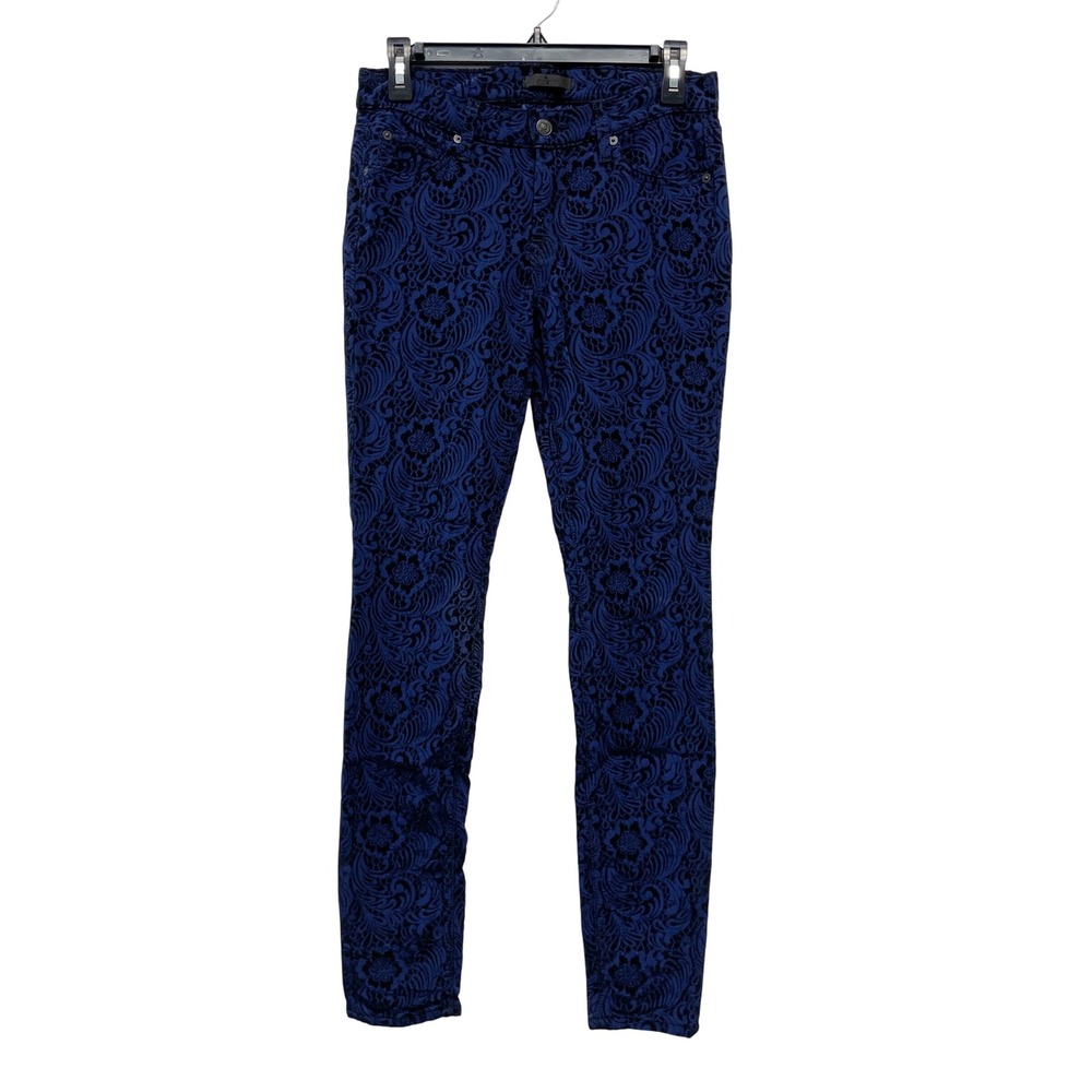 7 For All Mankind Blue Floral Damask Brocade‎ Gwenevere Skinny Pants Size 28